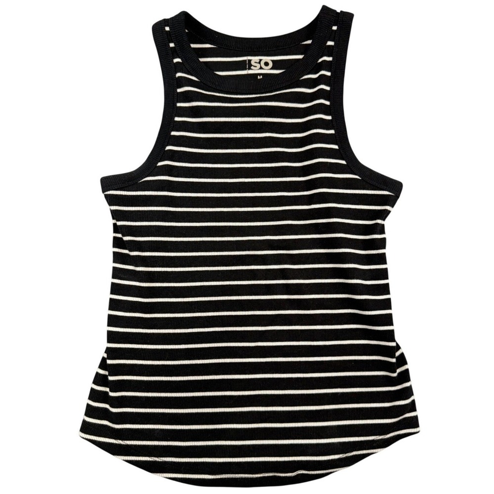 SO Womens Ribbed Striped Tank Top Black White Crew Neck Curved Hem Size M
